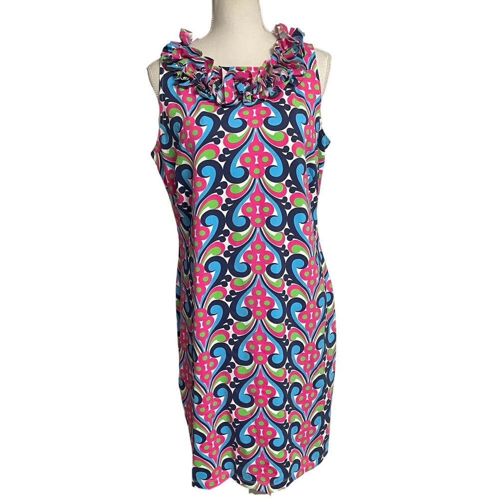 Katherine Way Ruffle Neck Multicolor Sleeveless Mini Shift Dress Women's Large